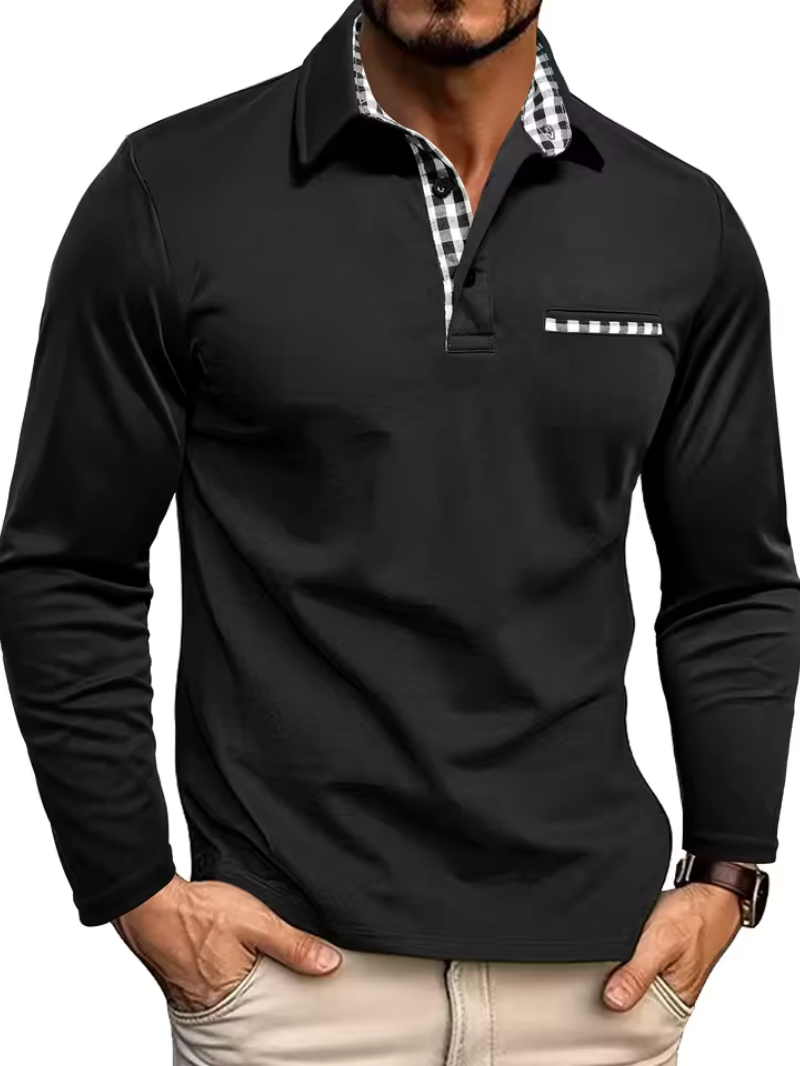 Men's Long Sleeve Polo with Collared Neck and Breathable Checkered Pattern